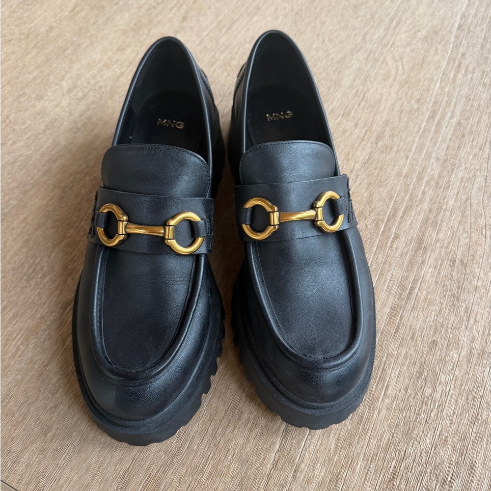 New Mango Leather Loafers with Gold Hardware